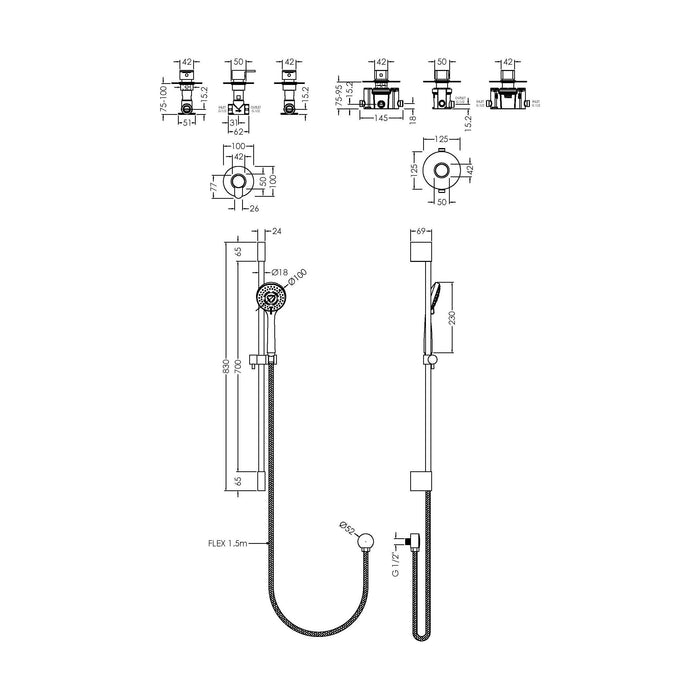 [BSB126ST1] 1 Outlet Luxury Shower Bundle - Stop Tap, Temperature Control & Slide Rail Kit - Chrome - Technical Drawing
