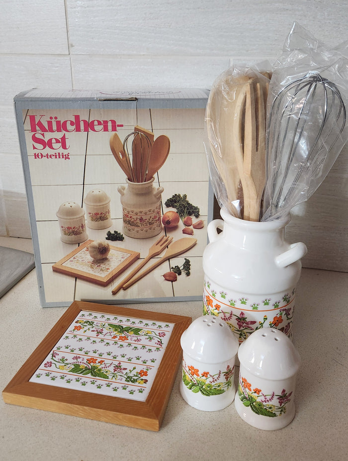 10-Piece Floral Ceramic & Wood Kitchen Set