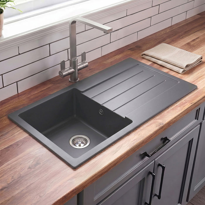 [BKS21050S] 100cm Composite Inset Kitchen Sink with Overflow & Drainer - Available in Multiple Colours - Silo
