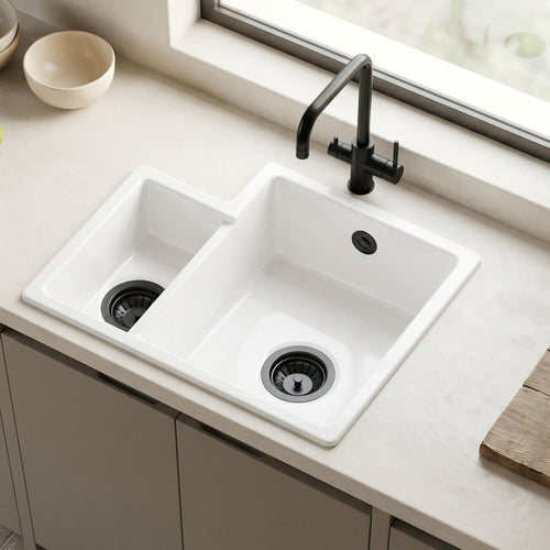 [BKS259] 1.5 Bowl Fireclay Ceramic Undermount Kitchen Sink with Overflow - 549mm - Available as Left or Right Hand - Silo