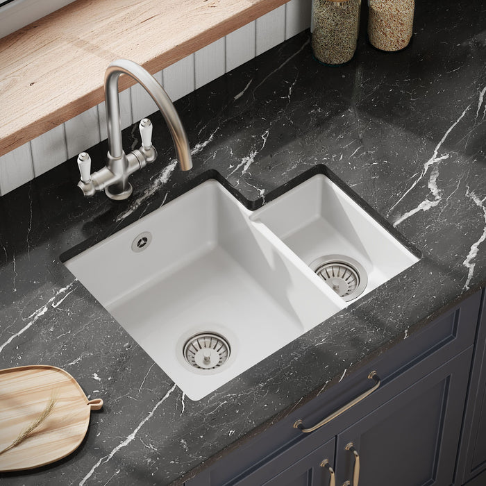 [BKS258] 1.5 Bowl Fireclay Ceramic Undermount Kitchen Sink with Overflow - 549mm - Available as Left or Right Hand - Lifestyle 2