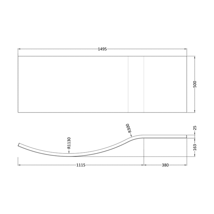 [BBBB202] 1500mm Acrylic B Bath Front Panel - Technical Drawing