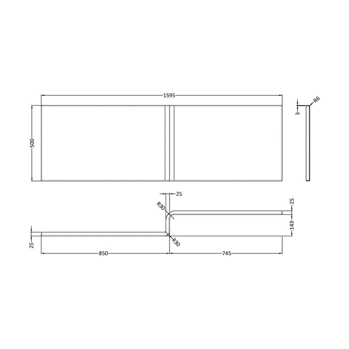 [BBSS303] 1600mm Square L Shape Acrylic Shower Bath Front Panel - Technical Drawing