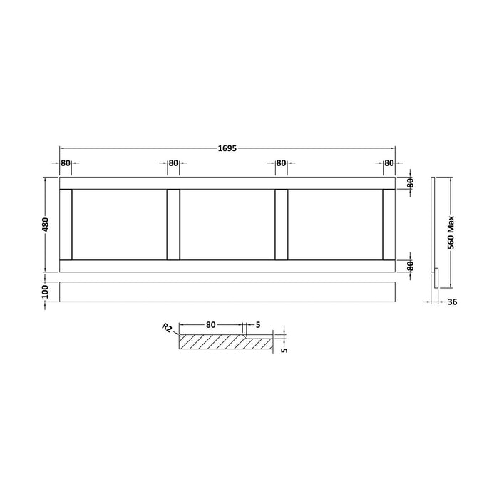 [BFBY305P] 1700mm Front Panel WGBLUE - Technical Drawing