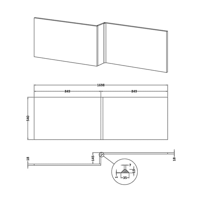 [BBPA373] 1700mm L Shape Square Reversible Bath Front Panel - Satin Blue - Technical Drawing