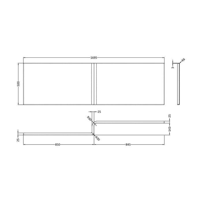 [BBSS300] 1700mm Square L Shape Acrylic Shower Bath Front Panel - Technical Drawing