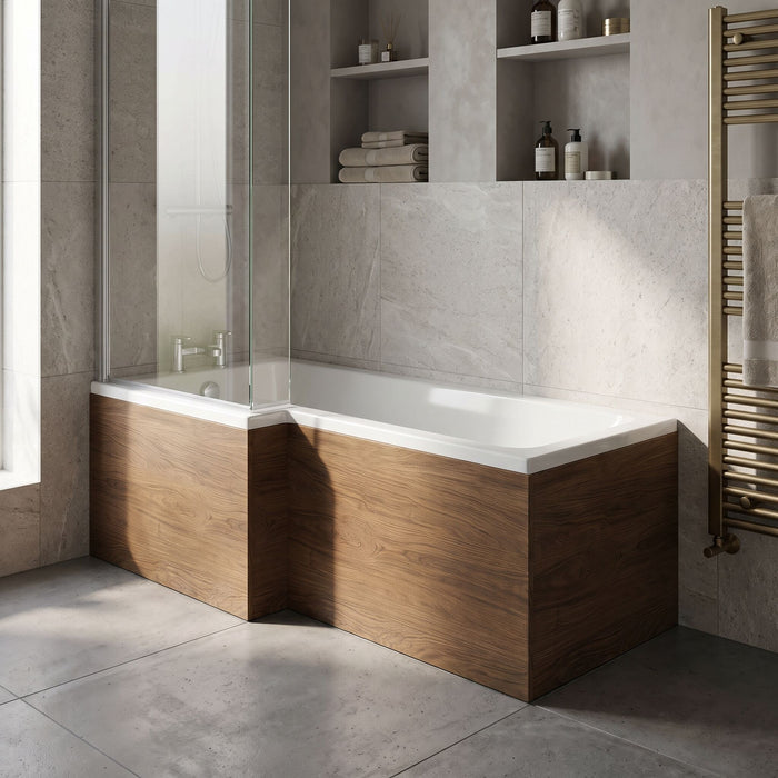 [BBPA2735] 1700mm Square L-Shape Shower Bath Front Panel - Antique Oak - Lifestyle 1
