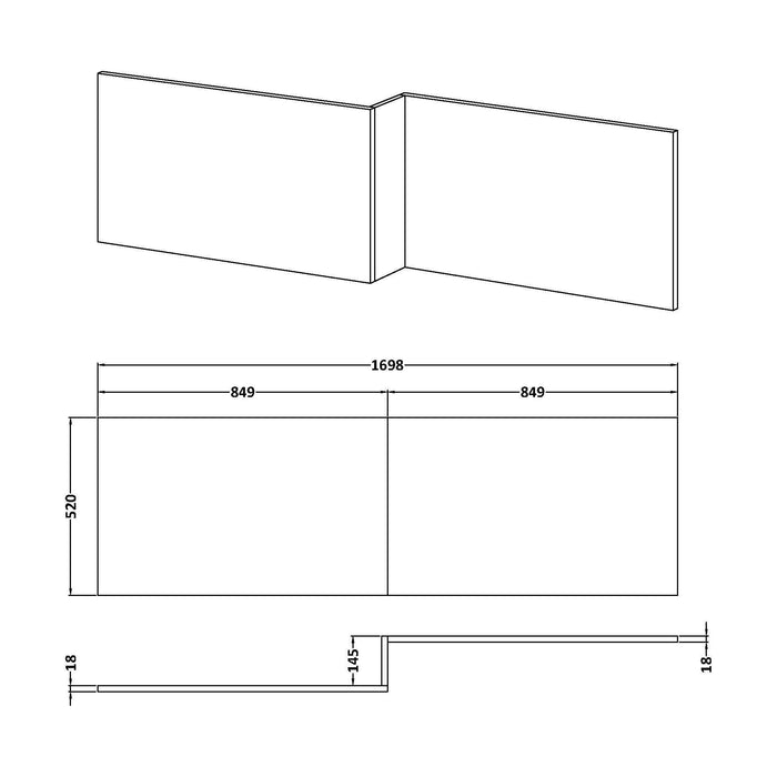 [BBPA3035] 1700mm Square L-Shape Shower Bath Front Panel - Bleached Oak - Technical Drawing
