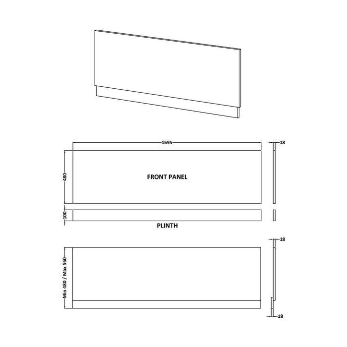 [BBPA2705] 1700mm Straight Bath Front Panel and Plinth - Antique Oak - Technical Drawing