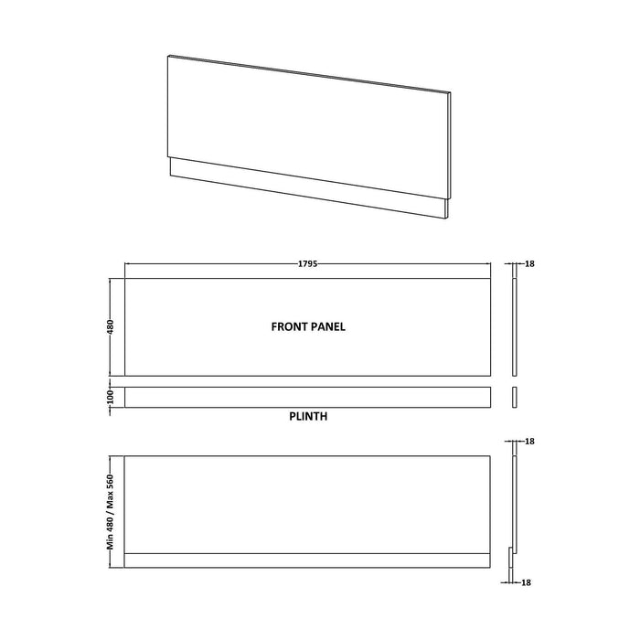 [BBPA1307] 1800mm Bath MDF Front Panel & Plinth - Gloss Cloud Grey - Technical Drawing