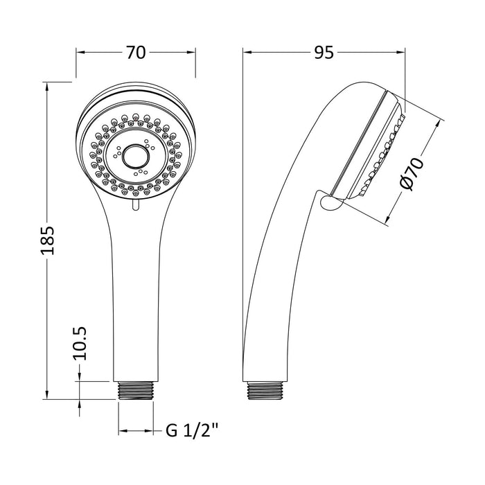 [BSHS371] 3 Function Water Saving Handset - Chrome - Technical Drawing