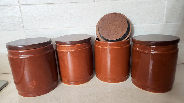 4 Brown Ceramic Kitchen Canisters Set with Wooden Lids