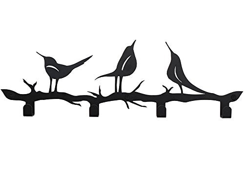 4 Hooks Wall Mounted Hanger, Holder for Towels, Keys, Coats, Hats, Robes and Clothes with Bird Décor (Black)