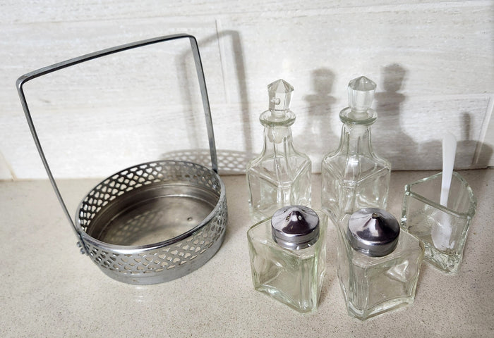 5-Piece Glass Cruet Set in Metal Condiment Caddy