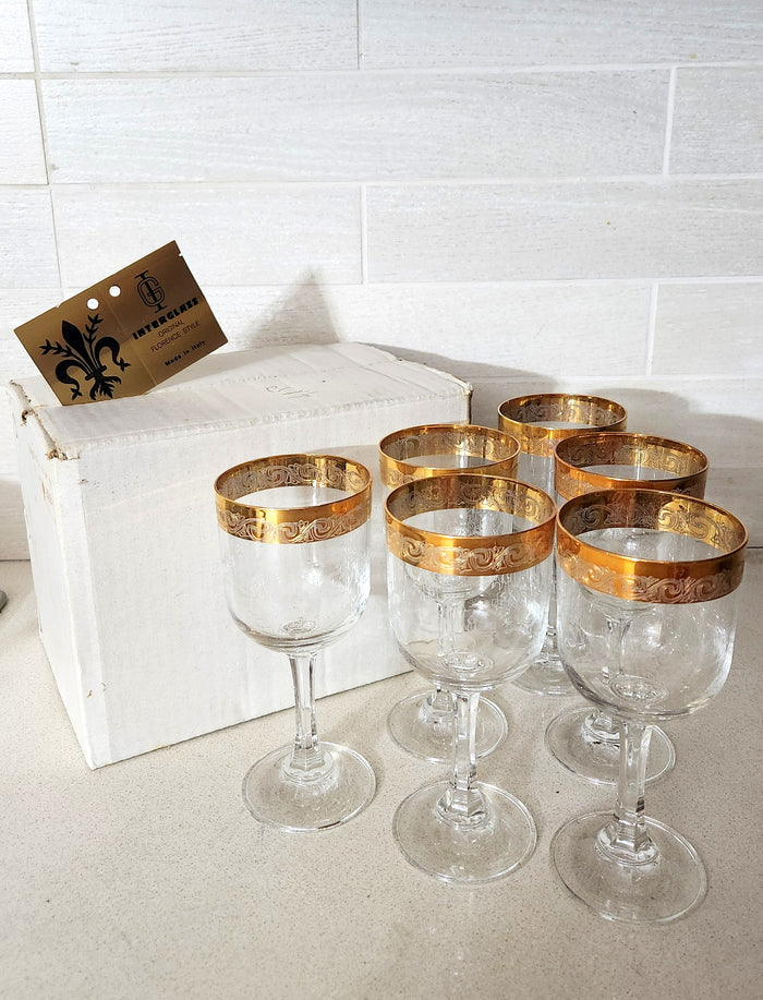 6 Italian Interglass 24K Gold Gilt Wine Glasses