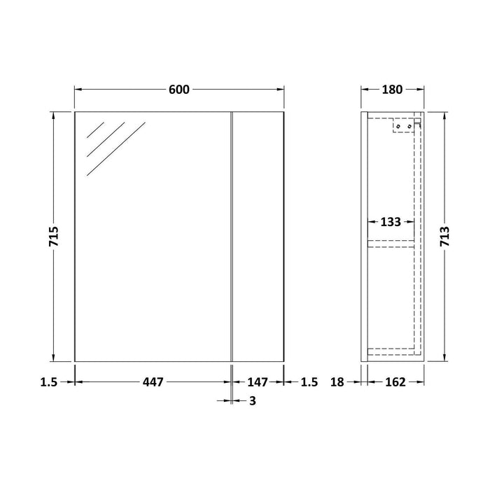 [BFDY118] 600 75 25 MIRROR UNIT GLWHT - Technical Drawing