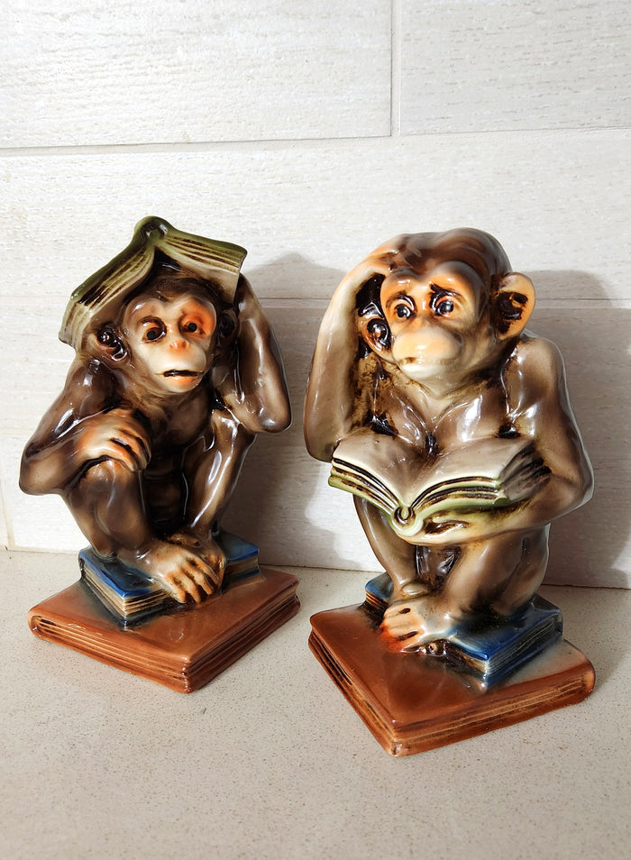 60s Japanese Ceramic Monkey Bookends