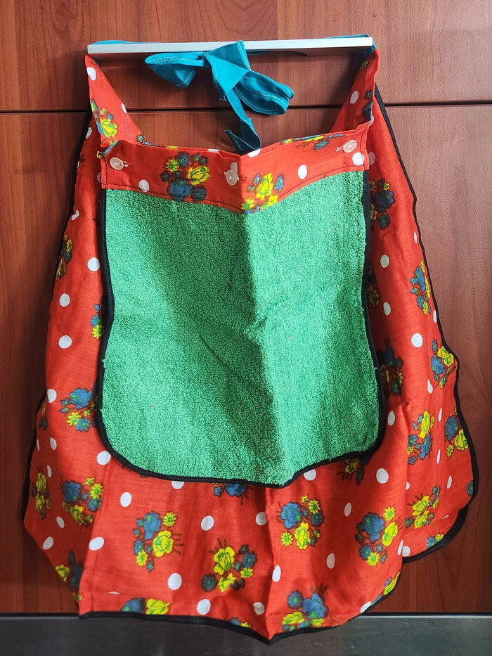 70s Floral Polka Dot Kitchen Apron with Detachable Green Towel
