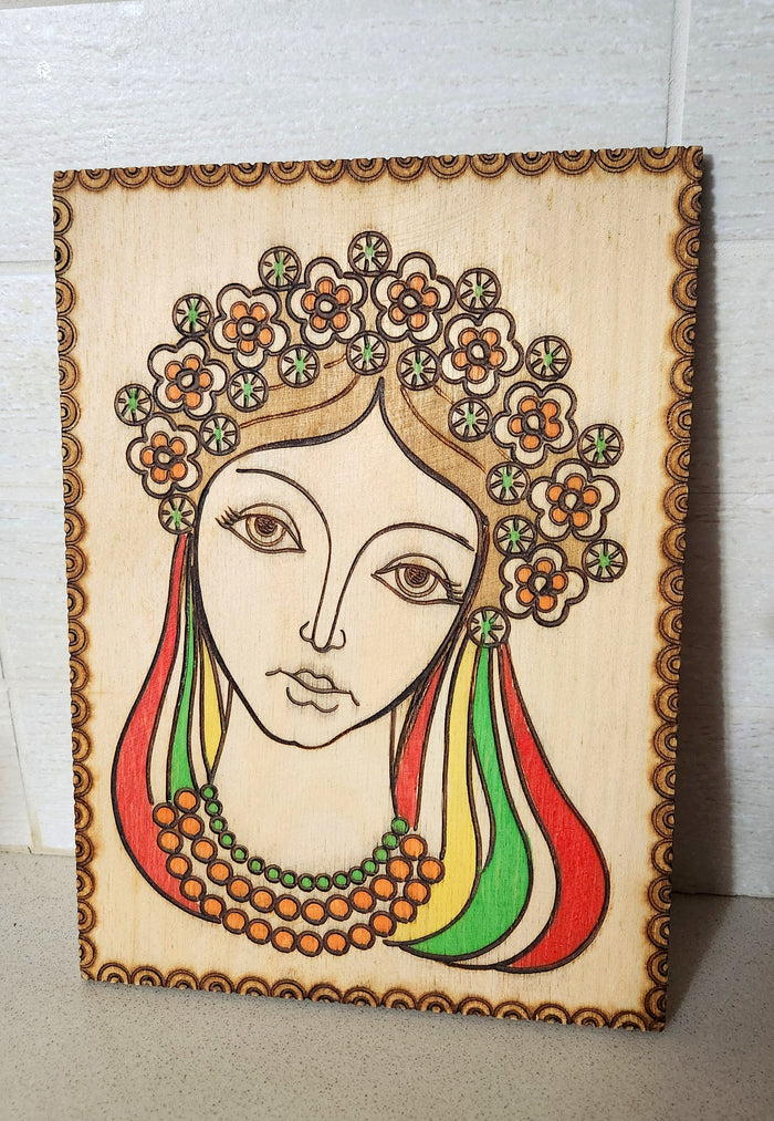 70s Hand-Burned Wood Portrait - Colorful Folk Art