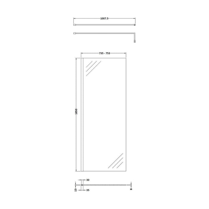 [BESCGM076] 760 Wetroom panel/suport bar, BP - Technical Drawing