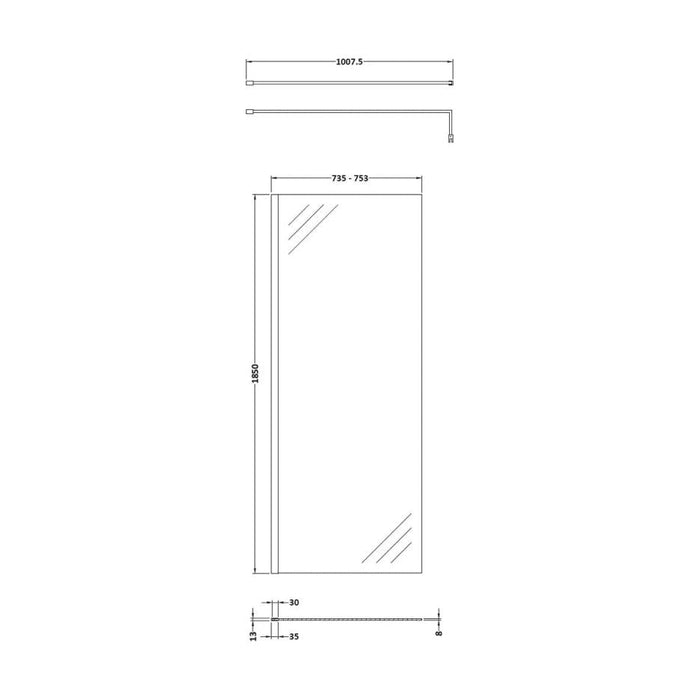[BESCGM080] 800 Wetroom panel/suport bar, BP - Technical Drawing