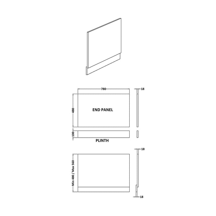 [BBPA1313] 800mm Bath MDF End Panel & Plinth - Gloss Cloud Grey - Technical Drawing