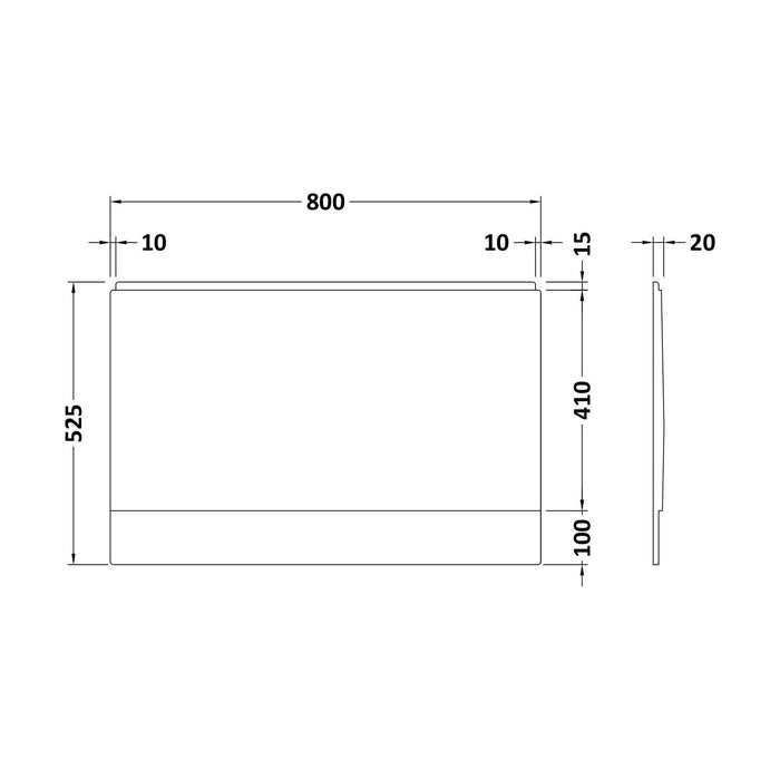 [BBPA144] 800mm White Acrylic End Bath Panel for Modern Straight Baths - Technical Drawing