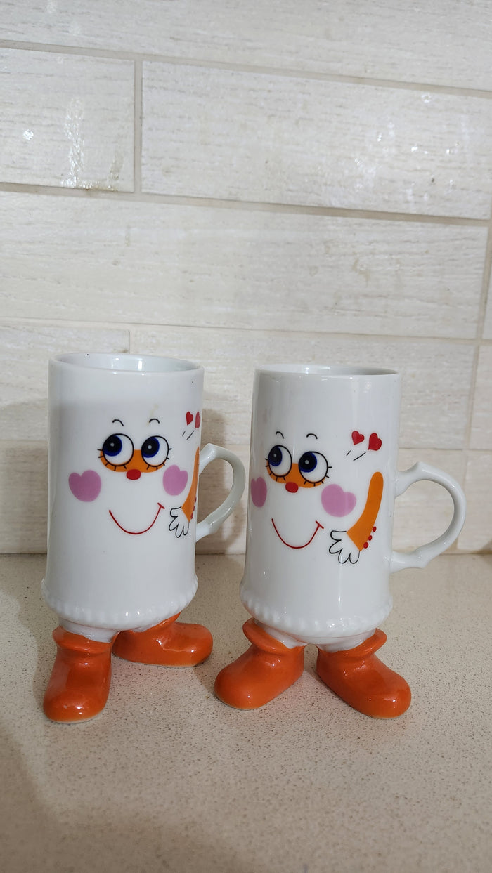 80s Vintage Smiling Face Mugs with Orange Boots - Made in Japan