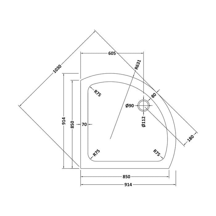 [BETR090] 914mm Premium Single Entry Shower Tray - White - Technical Drawing