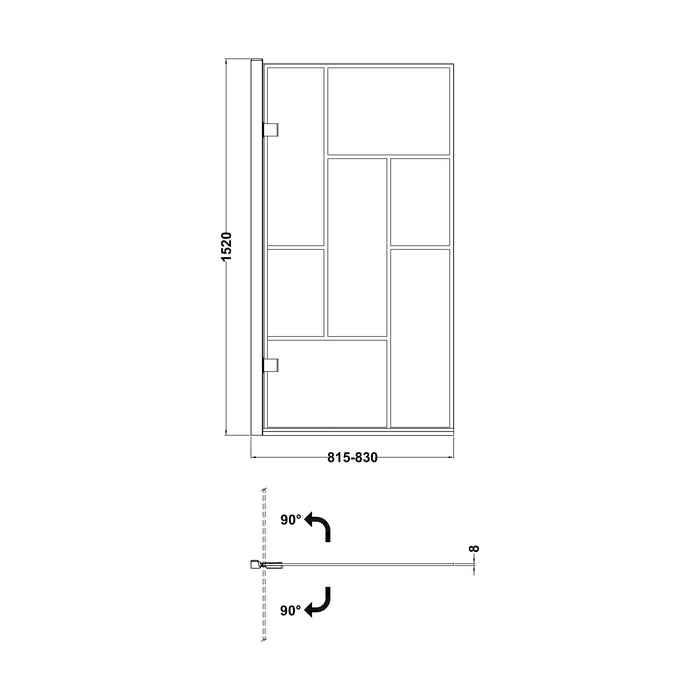 [BBSCSQ7BB] Abstract Modern Square Bath Shower Screen - Black, 830 x 1520 x 38 mm - Technical Drawing