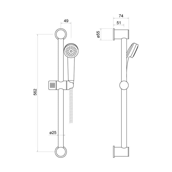 [BSSK001] Adjustable Shower Slide Rail Kit 100mm x 100mm - Chrome - Technical Drawing