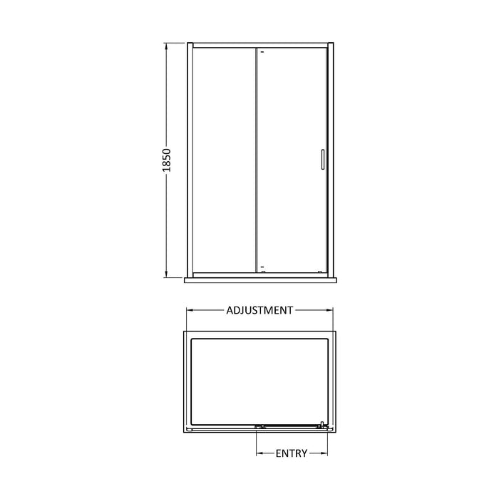 [BERUSL10] Almington 6mm Toughened Safety Glass Reversible Sliding Shower Door, H: 1850mm, Choice of Size and Colour - Technical Drawing