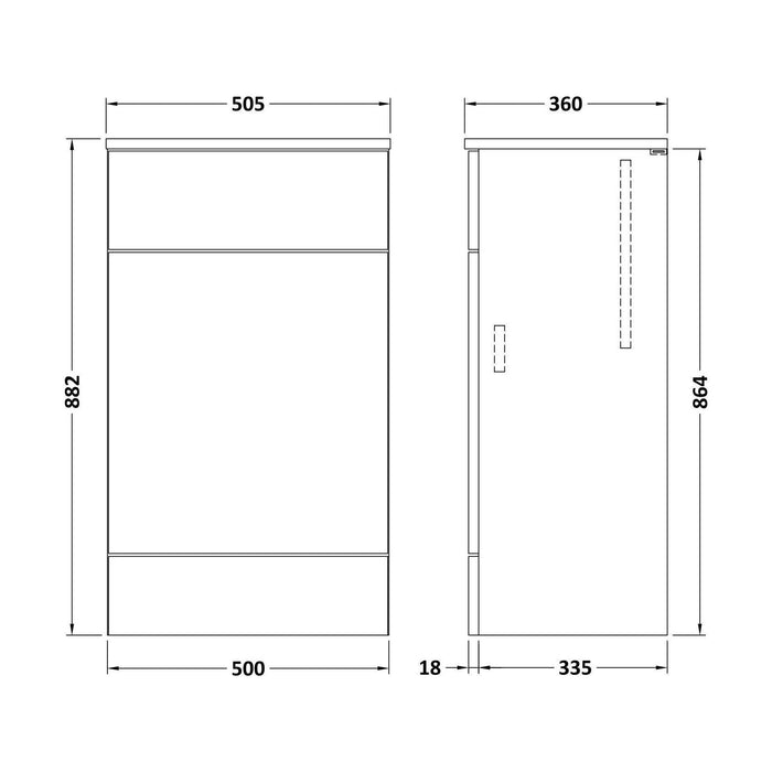 [BFDY105A] Alrewas Contemporary Floor Standing WC Unit with Coordinating Worktop, 500mm, Choice of Colour - Technical Drawing