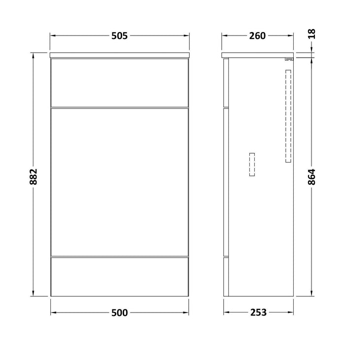 [BFDY3004A] Alrewas Contemporary Floor Standing WC Unit with Coordinating Worktop, 500mm, Choice of Colour - Technical Drawing