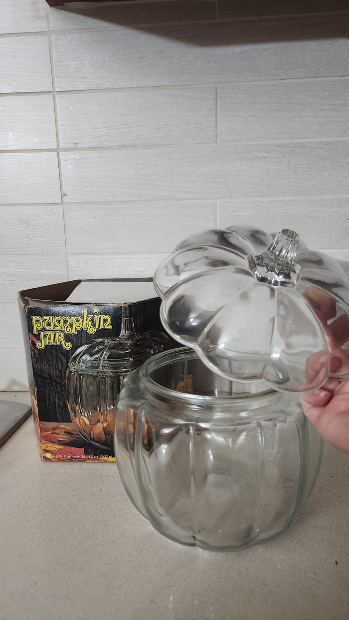 Anchor Hocking 70 oz. pumpkin-shaped glass storage jar with a lid