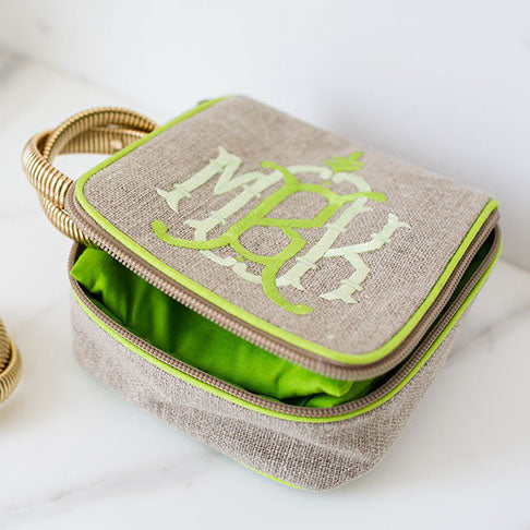 Ellis Hill 5.5 inch square Andrea singe bag, linen or plastic coated cotton, with monogram