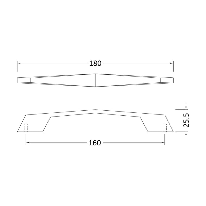 [BFHH103] Angular D Shape Furniture Handle, 180mm (160mm Centres), Choice of Finish - Technical Drawing