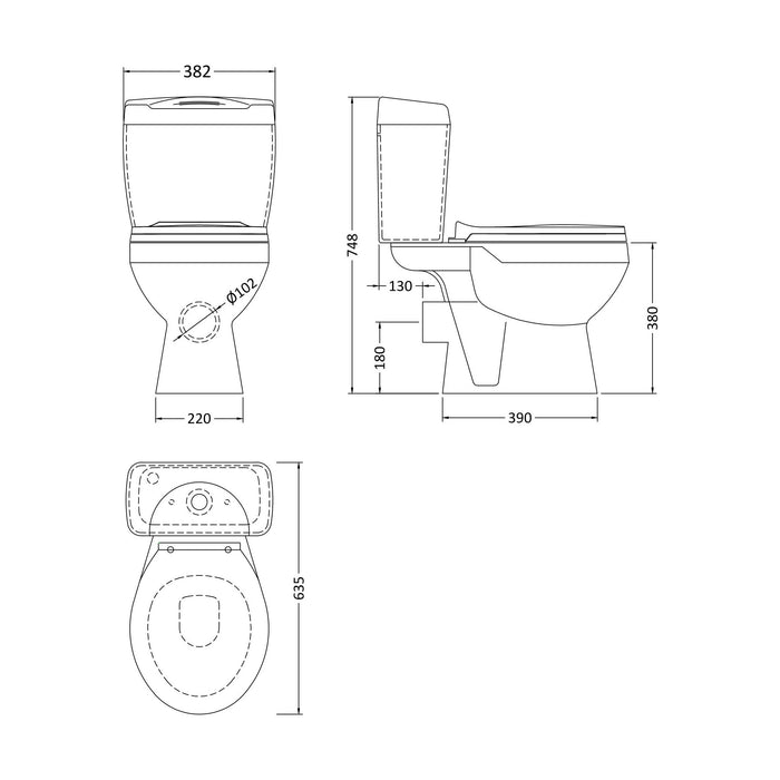 [BCAD150] Anslow Compact Close-Coupled Toilet & Cistern with Standard Seat - White Ceramic, 748 x 382mm - Technical Drawing