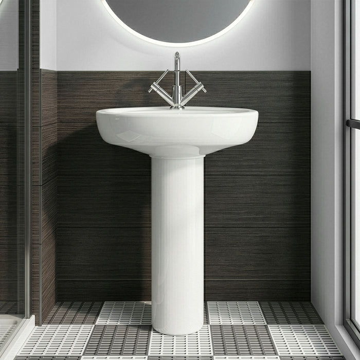 [BCAD002] Anslow Round Ceramic Bathroom Basin and Full Pedestal - 550mm - Silo
