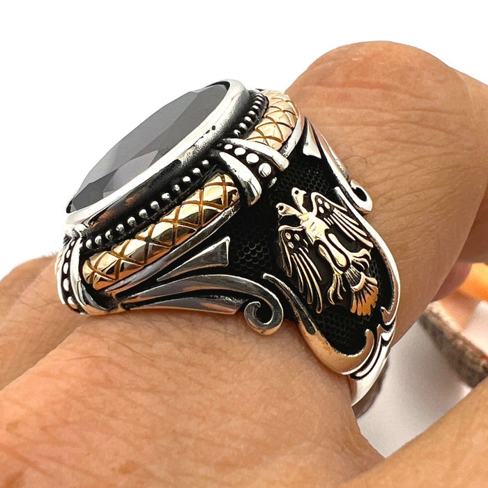 Authentic Turkish Handmade 925 Sterling Silver Red Ruby Double Headed Eagle Men's Statement Ring