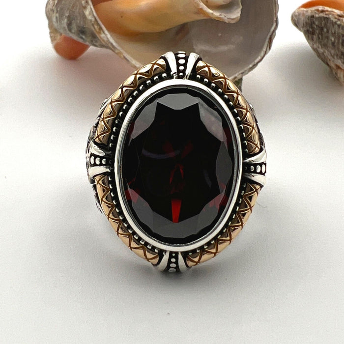 Authentic Turkish Handmade 925 Sterling Silver Red Ruby Double Headed Eagle Men's Statement Ring