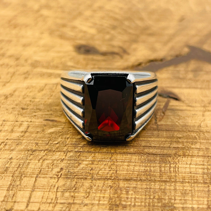 Authentic Turkish Handmade Men's Ruby Square Ring - 925 Sterling Silver Gemstone Jewelry, Gift-Ready