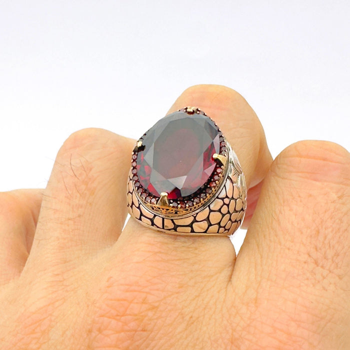 Authentic Turkish Men's Ruby Ring | Handcrafted 925 Sterling Silver Ottoman Jewelry