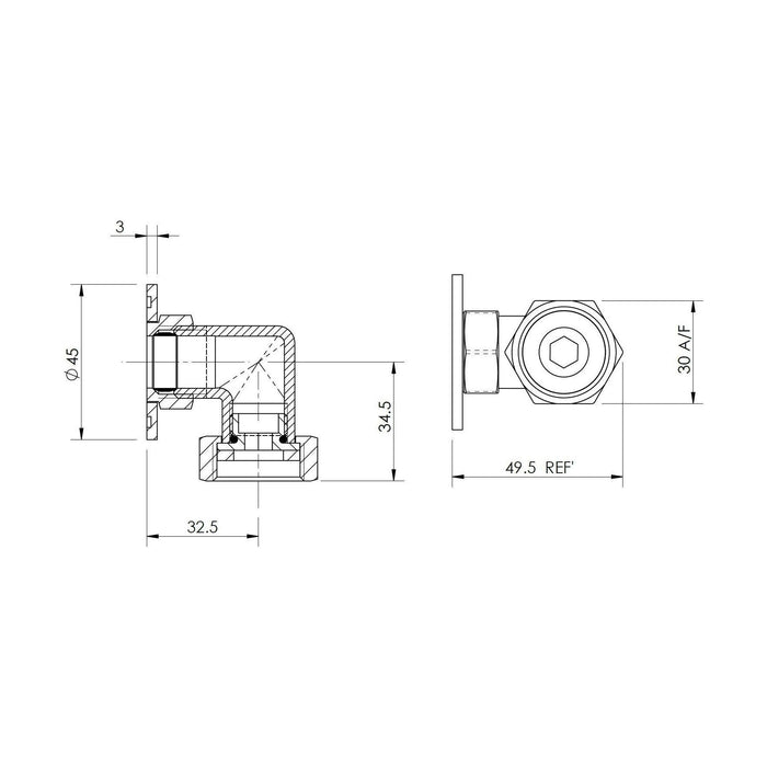 [BASE001] Back To Wall Shower Elbow - Technical Drawing