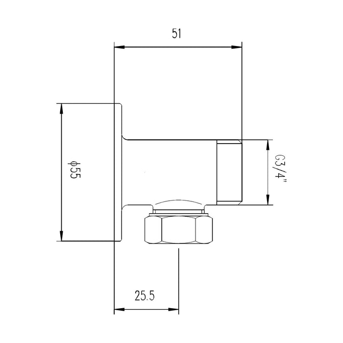 [BSEU312] Backplate Elbow Unions - Pair - Chrome - Technical Drawing