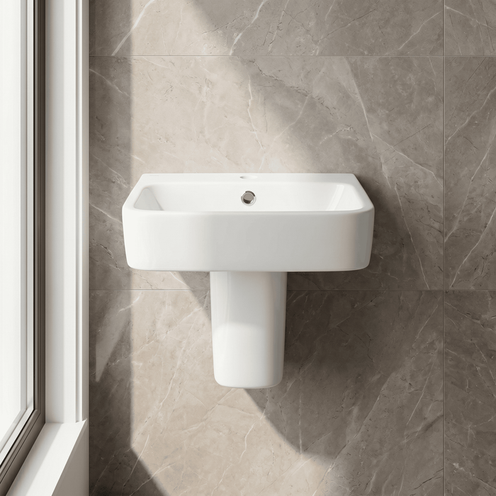 [BCAM024] Balterley 1 Tap Hole Ceramic Basin & Semi Pedestal, Soft Square Wall Hung Bathroom Sink, 500mm - Silo