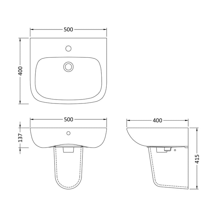 [BCAM024] Balterley 1 Tap Hole Ceramic Basin & Semi Pedestal, Soft Square Wall Hung Bathroom Sink, 500mm - Technical Drawing