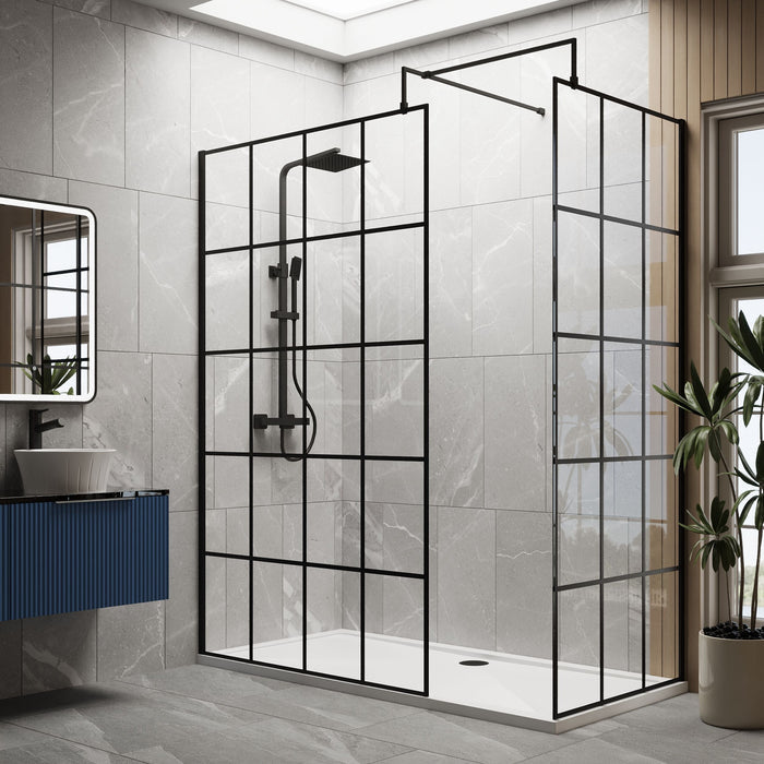 [BEBS120] Balterley 8mm Toughened Safety Glass Black Framed Wetroom Screen - 760mm - Lifestyle 1