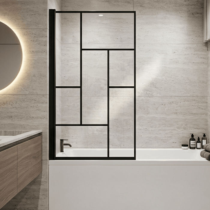 [BBSCSQBB] Balterley Abstract Modern Square 6mm Toughened Safety Glass Reversible Shower Bath Screen - Black - Silo