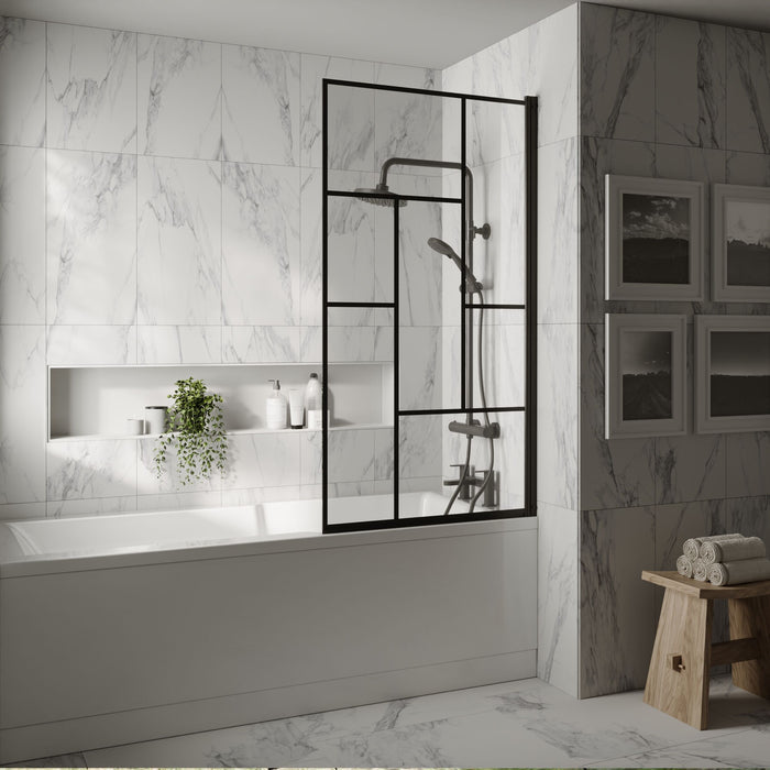 [BBSCSQBB] Balterley Abstract Modern Square 6mm Toughened Safety Glass Reversible Shower Bath Screen - Black - Lifestyle 1